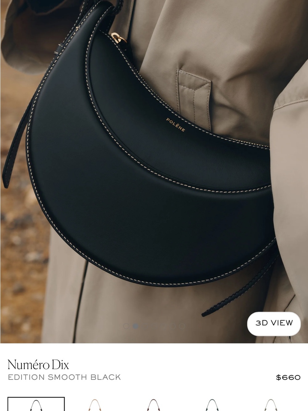 Polene Numéro Dix Crescent Shoulder Bag in Smooth Black with White Stitching